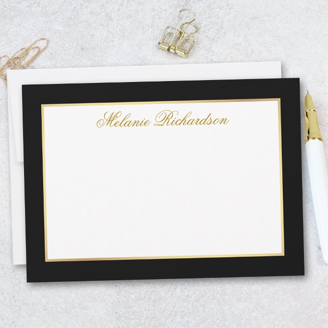 Elegant Black and White Gold Frame Note Card (Customize to change text color, add more text or to change color of back of card.)