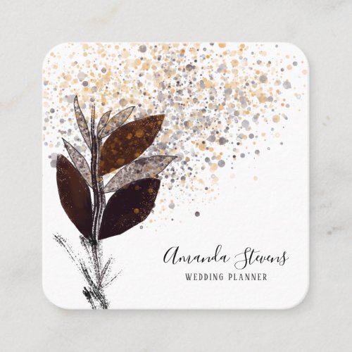 Elegant Black and White Gold Leaves Abstract Square Business Card