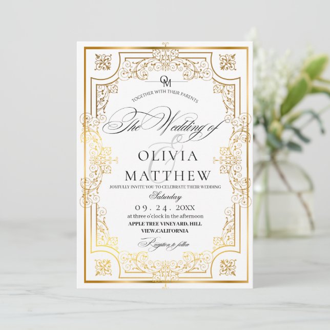 Elegant Black and White Gold Photo Wedding Invitation (Standing Front)