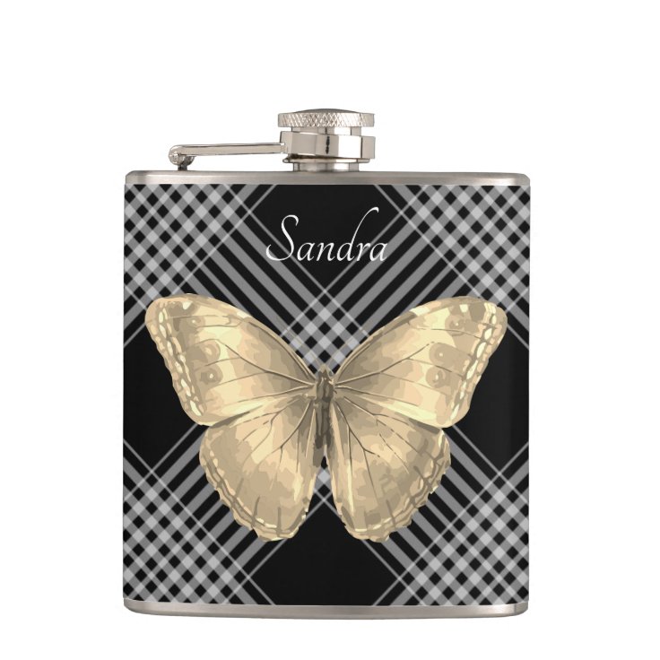 Elegant black and white golden Butterfly Flask | Zazzle