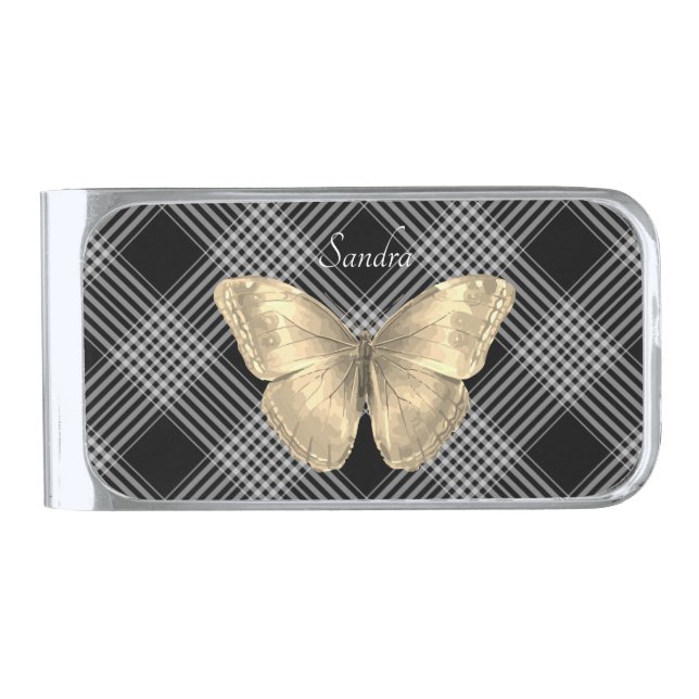 Elegant black and white golden Butterfly Silver Finish Money Clip (Front)