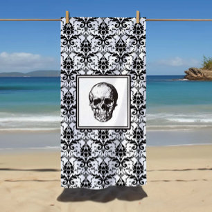 Elegant Black And White Gothic Damask Skull Beach Towel