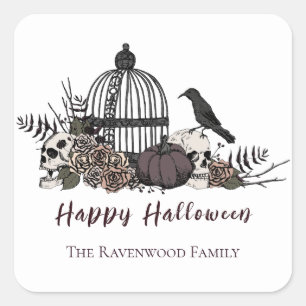 Elegant Black and White Gothic Happy Halloween Square Sticker