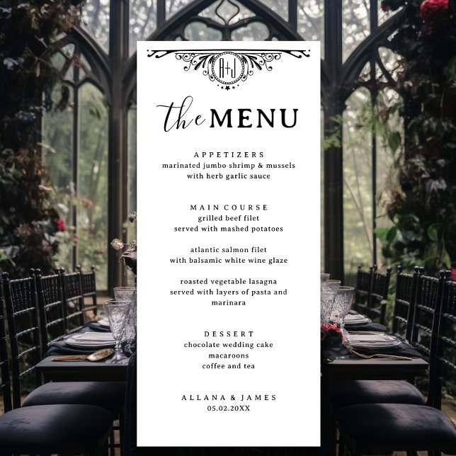 Elegant Black and White Gothic Monogram Wedding  Menu (Creator Uploaded)
