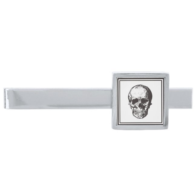 Elegant Black And White Gothic Skull Silver Finish Tie Clip (Front)