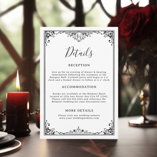 Elegant Black and White Gothic Wedding Details Enclosure Card