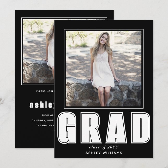 Elegant black and white GRAD Class of 2026 photo Invitation (Front/Back)