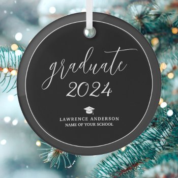 Elegant Black And White Graduate 2024 Graduation Glass Ornament by littleteapotdesigns at Zazzle