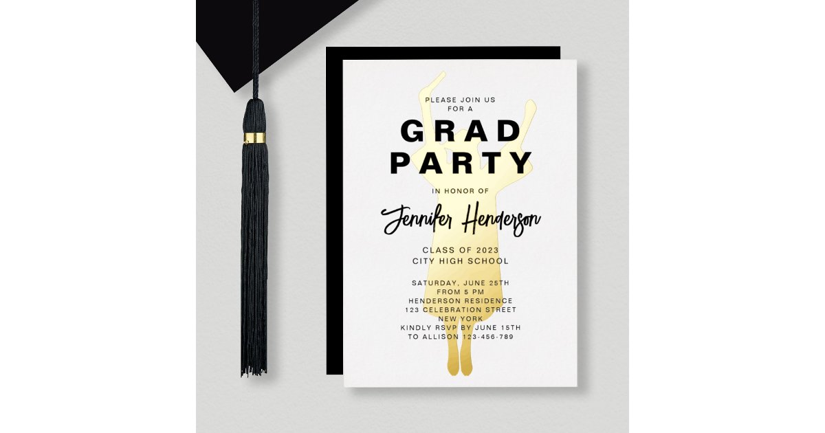 Elegant Black And White Graduation Party Gold Foil Invitation | Zazzle
