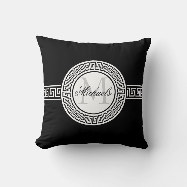 Elegant Black and White Greek Key Monogram Pillow (Front)