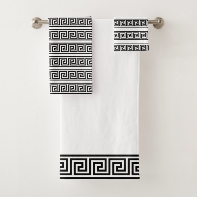 Elegant Black and White Greek Pattern Bath Towel Set (Insitu)