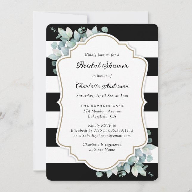 Elegant Black and White Greenery Bridal Shower Invitation (Front)