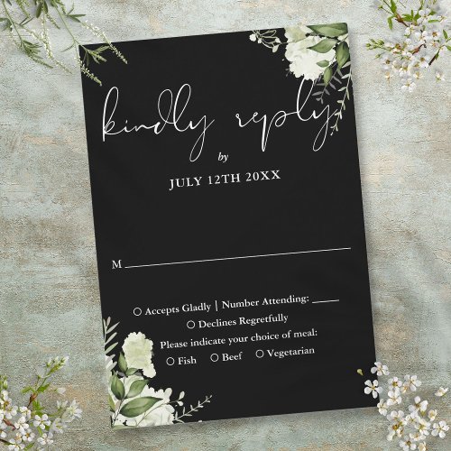 Elegant Black And White Greenery Floral Wedding RSVP Card