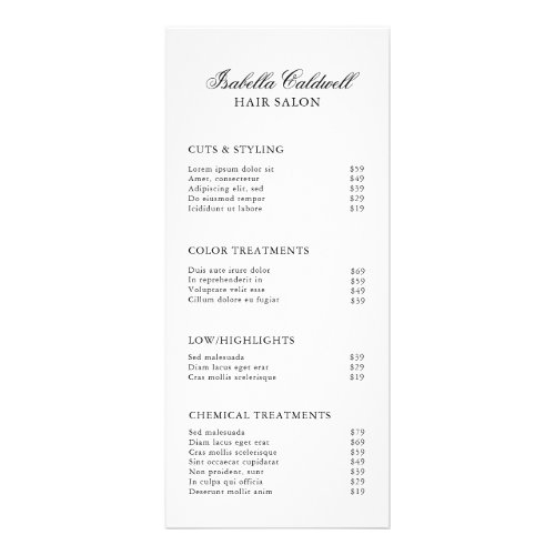 Elegant Black and White Hair Salon Price List Rack Card