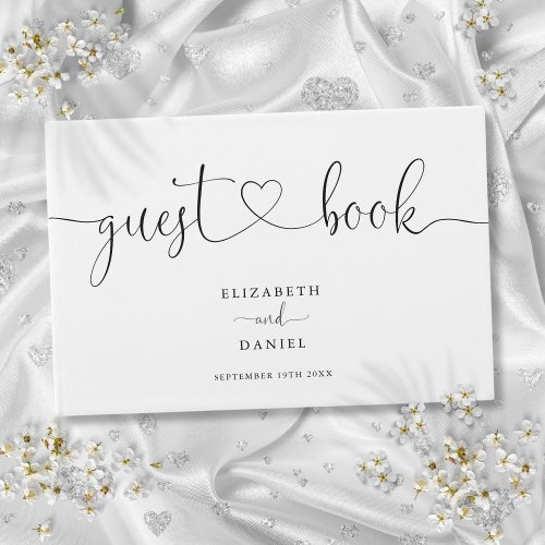 Elegant Black And White Heart Script Wedding Guest Book