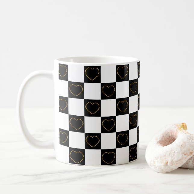 Elegant Black and White Hearts Pattern Valentine Coffee Mug (With Donut)