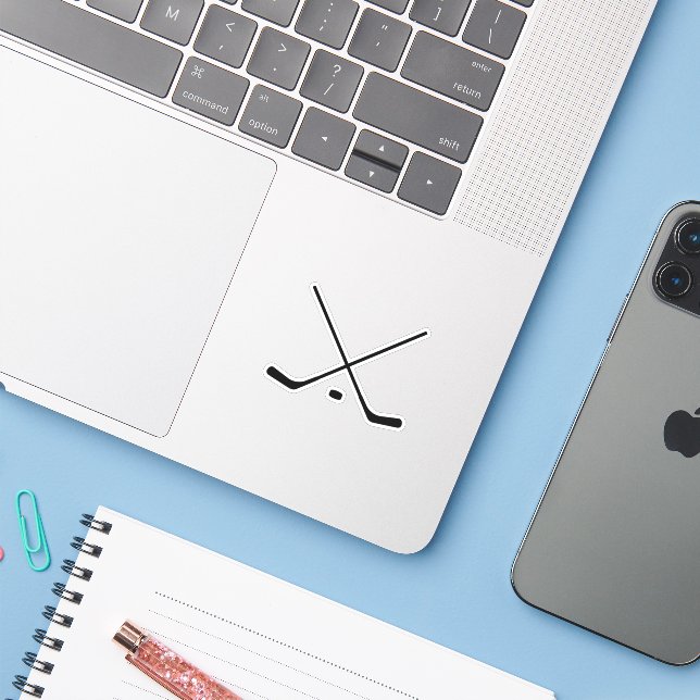 Elegant black and white Hockey Sticks and Puck Sticker (Laptop w/ iPhone)