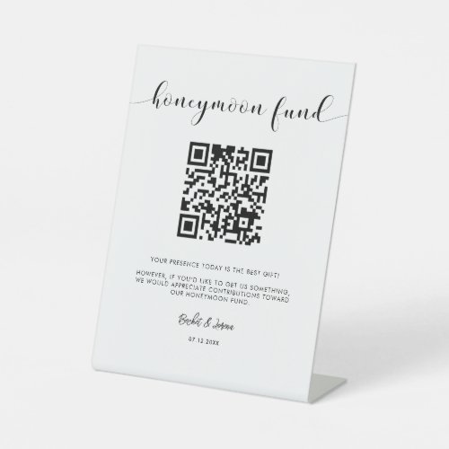 Elegant black and white Honeymoon fund QR code Pedestal Sign
