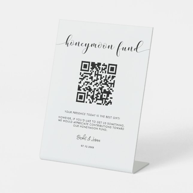Elegant black and white Honeymoon fund QR code Pedestal Sign (Front)