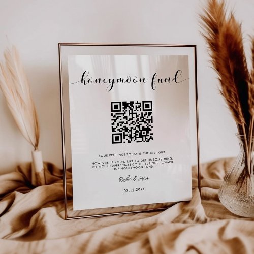 Elegant black and white Honeymoon fund QR code Poster