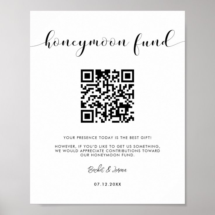 Elegant black and white Honeymoon fund QR code Poster | Zazzle