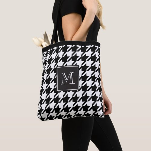 Elegant Black and White Houndstooth Monogram Tote Bag