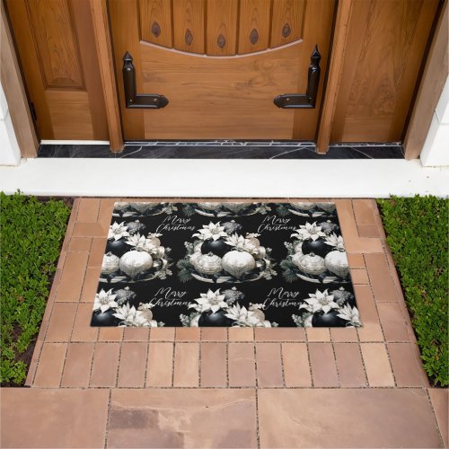 Elegant black and white ivory Christmas ornament Doormat