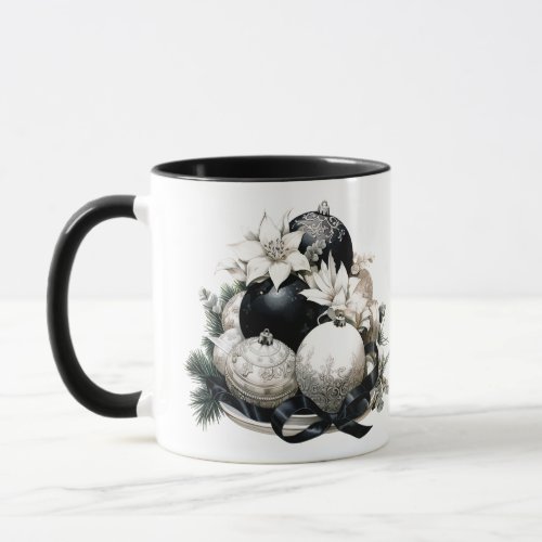 Elegant black and white ivory Christmas ornament Mug