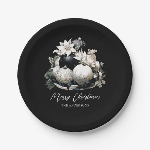 Elegant black and white ivory Christmas ornament Paper Plates