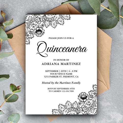 Elegant Black and White Lace Quinceanera Invitation