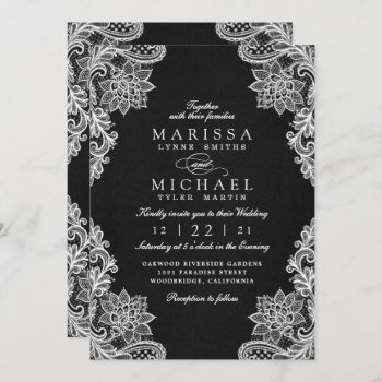 Elegant Black And White Lace Wedding Invitation by girlygirlgraphics at Zazzle