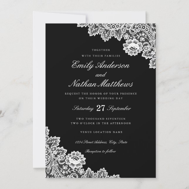 Elegant Black And White Lace Wedding Invitation (Front)