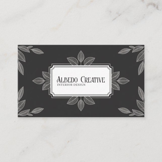 Elegant Black and White Line Art Foliage Business Card (Front)