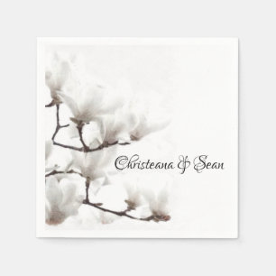 Elegant Black and White Magnolia Floral Watercolor Napkins