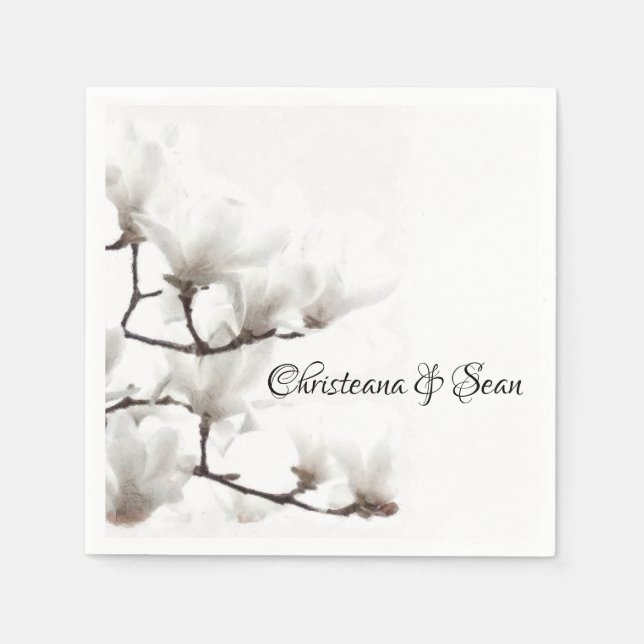 Elegant Black and White Magnolia Floral Watercolor Napkins (Front)