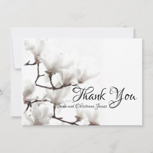 Elegant Black and White Magnolia Floral Watercolor Thank You Card