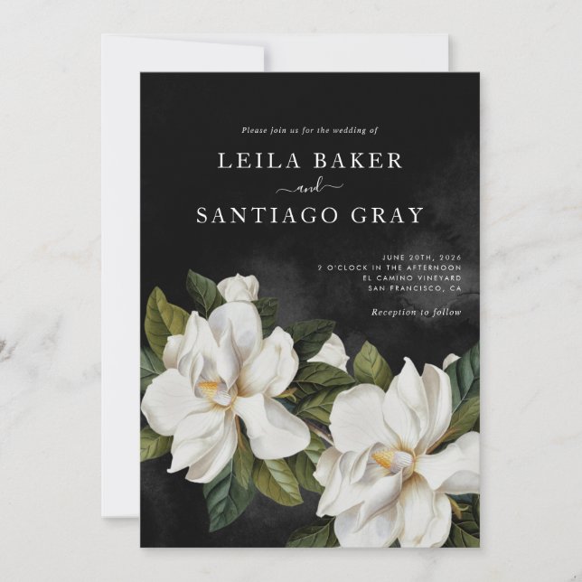 Elegant Black and White Magnolia Wedding Invite  (Front)