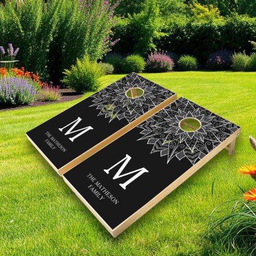 Elegant Black and White Mandala Monogram Cornhole Set