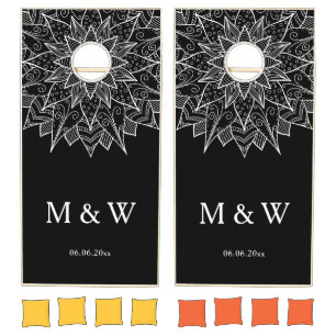 Elegant Black and White Mandala Monogram Wedding Cornhole Set