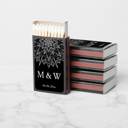 Elegant Black and White Mandala Monogram Wedding Matchboxes