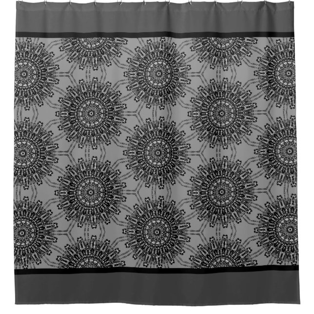 Elegant Black and White Mandala Pattern with Gray Shower Curtain (Front)