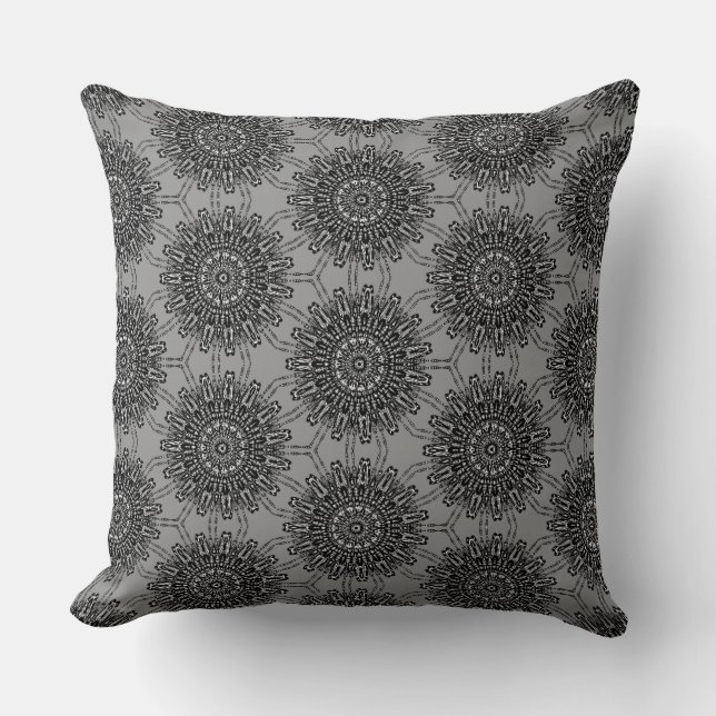 Elegant Black and White Mandala Pattern with Gray Throw Pillow (Front)
