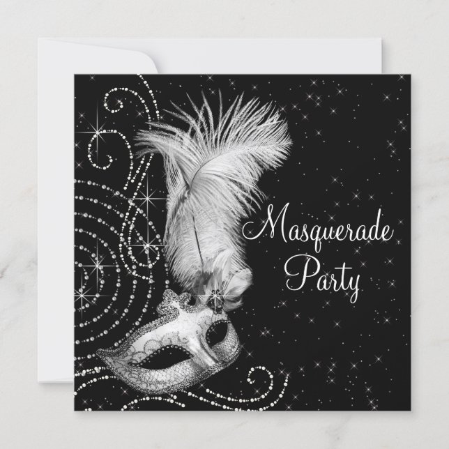 Elegant Black and White Masquerade Party Invitation (Front)