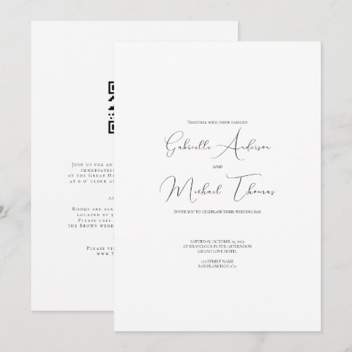 Elegant Black and White Minimal QR Details Wedding Invitation
