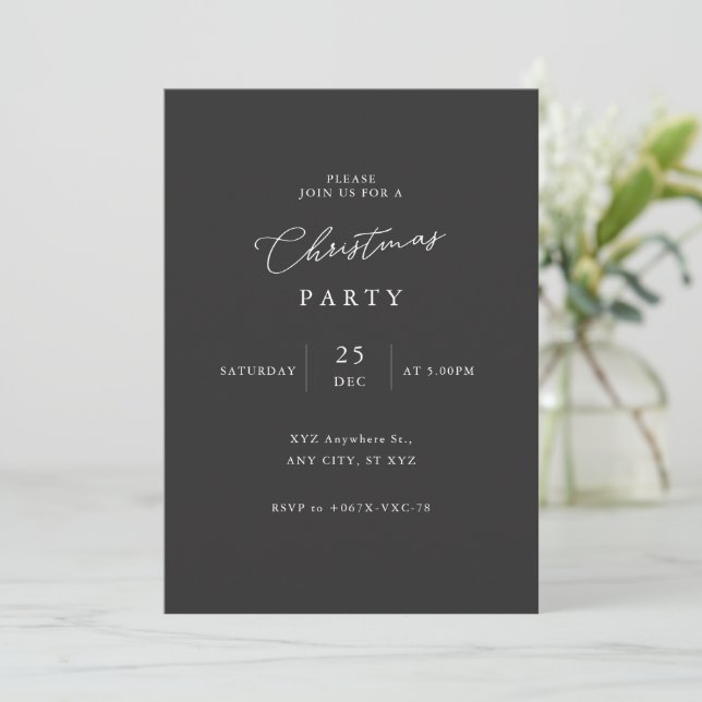 Elegant Black and White Minimalist Christmas Party Invitation (Standing Front)