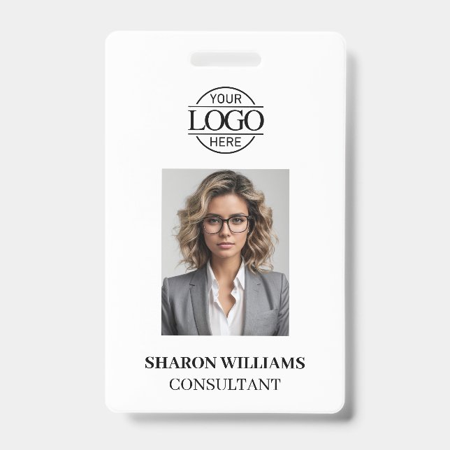 Elegant Black and White Minimalist Employee Photo Badge (Front)