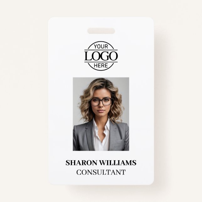 Elegant Black and White Minimalist Employee Photo Badge (Front)