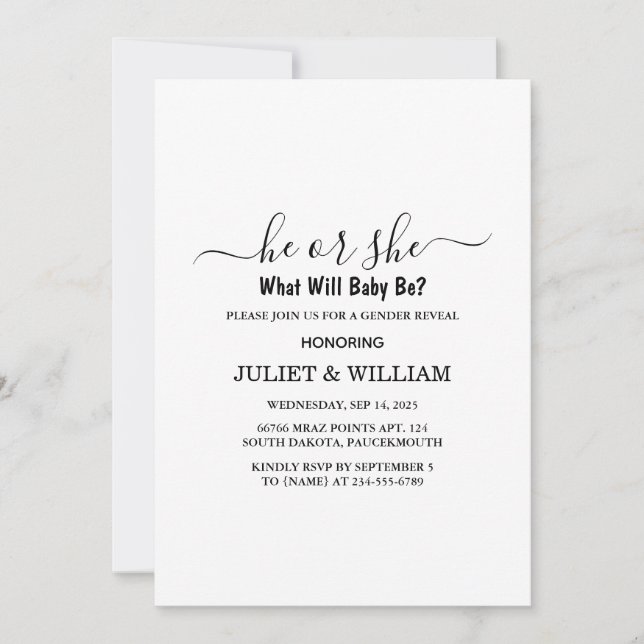 Elegant Black And White Minimalist Gender Reveal Invitation (Front)