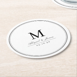 Elegant black and white minimalist monogram round paper coaster
