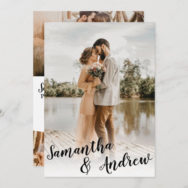 Elegant black and white minimalist photo wedding invitation (Front/Back)